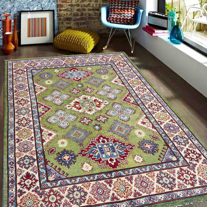 Green Afghan Kazak Rug 5' 0" x 6' 9" Hand-Knotted | No. AL12279