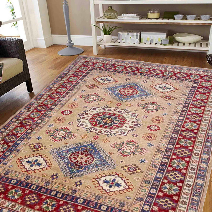 Orange Afghan Kazak Rug 5' 1" x 6' 11" Hand-Knotted | No. AL48629