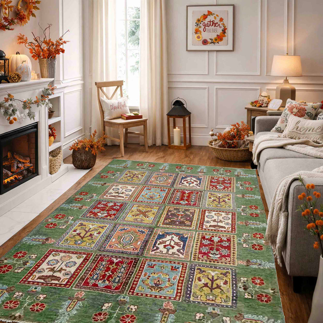 Green Afghan Bakhtiar Rug 4'11" x 7'3" Hand-Knotted field