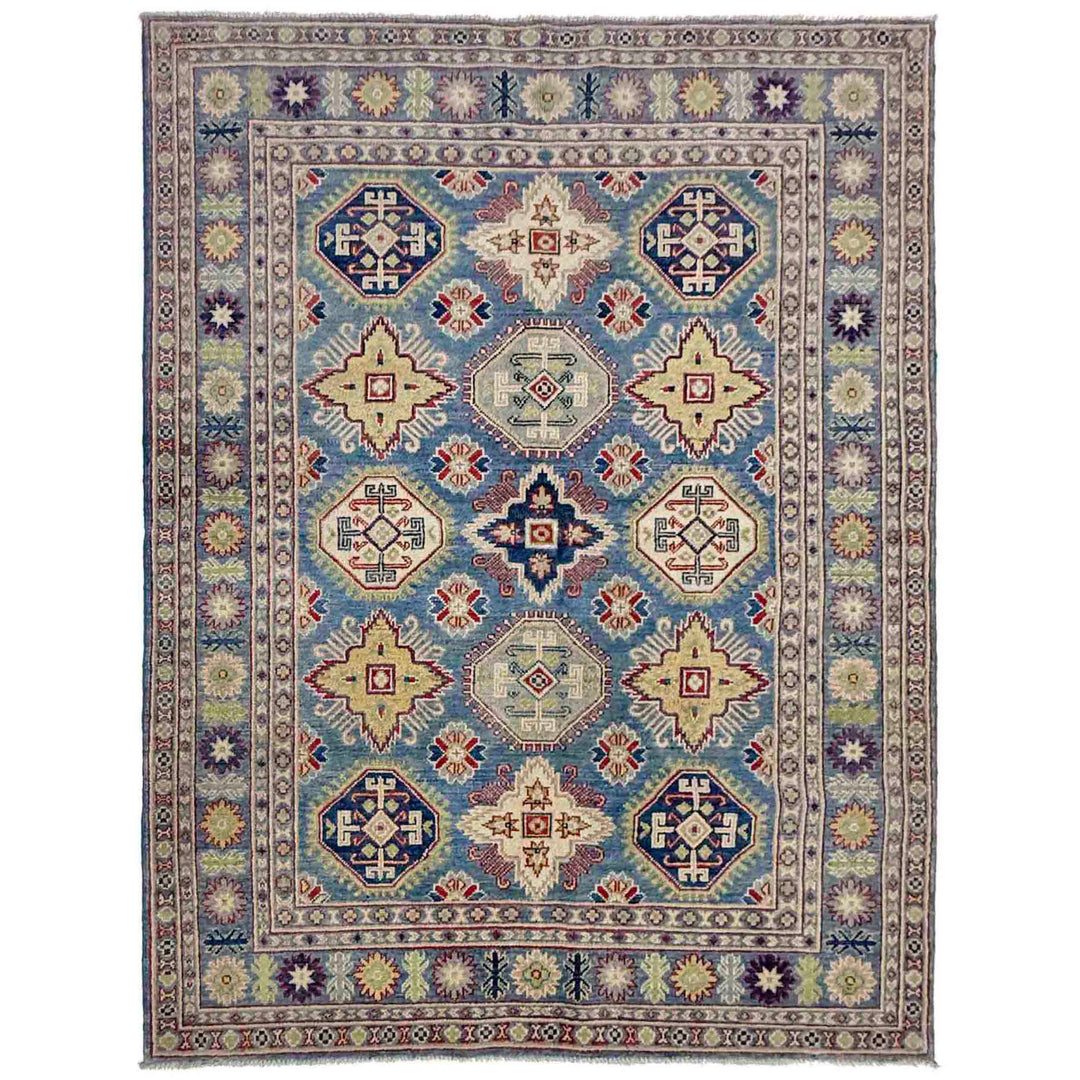 Blue Afghan Kazak Rug 4' 11" x 6' 7" Hand-Knotted
