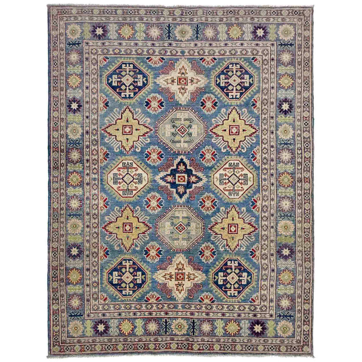 Blue Afghan Kazak Rug 4' 11" x 6' 7" Hand-Knotted