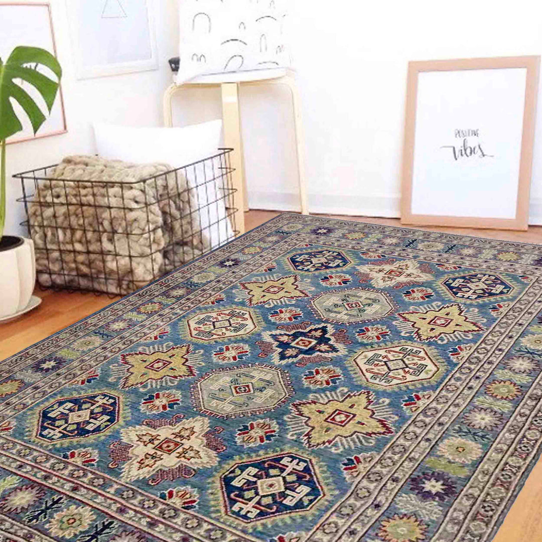 Blue Afghan Kazak Rug 4' 11" x 6' 7" Hand-Knotted field