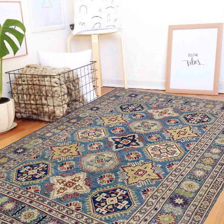 Blue Afghan Kazak Rug 4' 11" x 6' 7" Hand-Knotted field