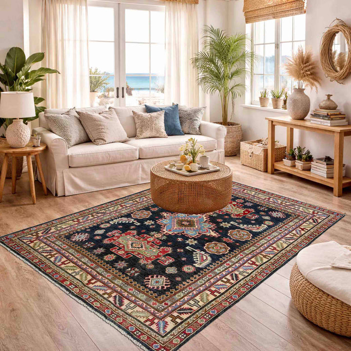 Afghan Kazak Rug 4' 8" x 6' 8" Hand-Knotted reverse