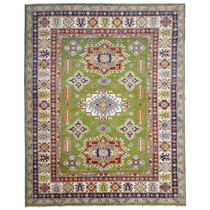 Green Afghan Kazak Rug 5' 9" x 7' 9" Hand-Knotted | No. AL56323