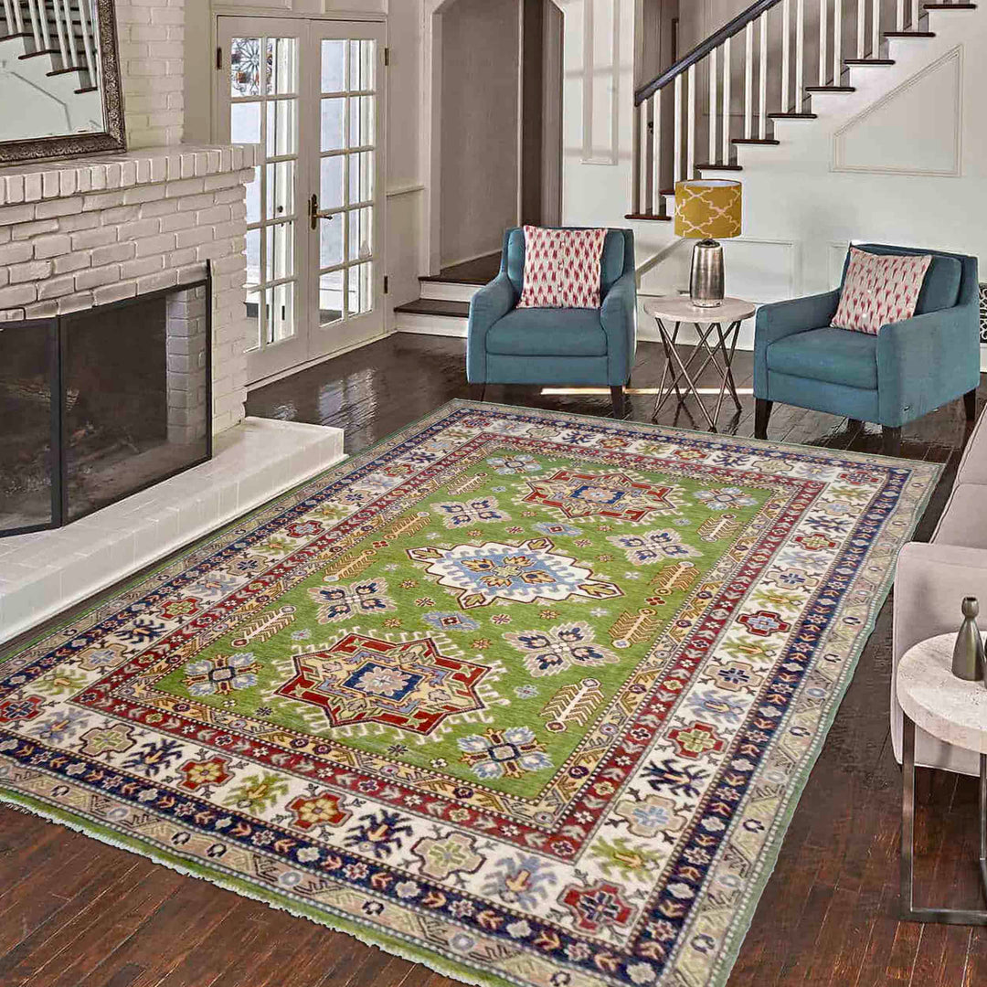 Green Afghan Kazak Rug 5' 9" x 7' 9" Hand-Knotted | No. AL56323