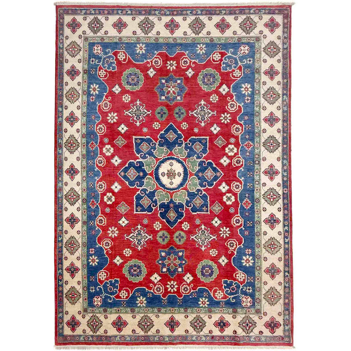Red Afghan Kazak Rug 6'7" x 10'0" Hand-Knotted | No. AL47579