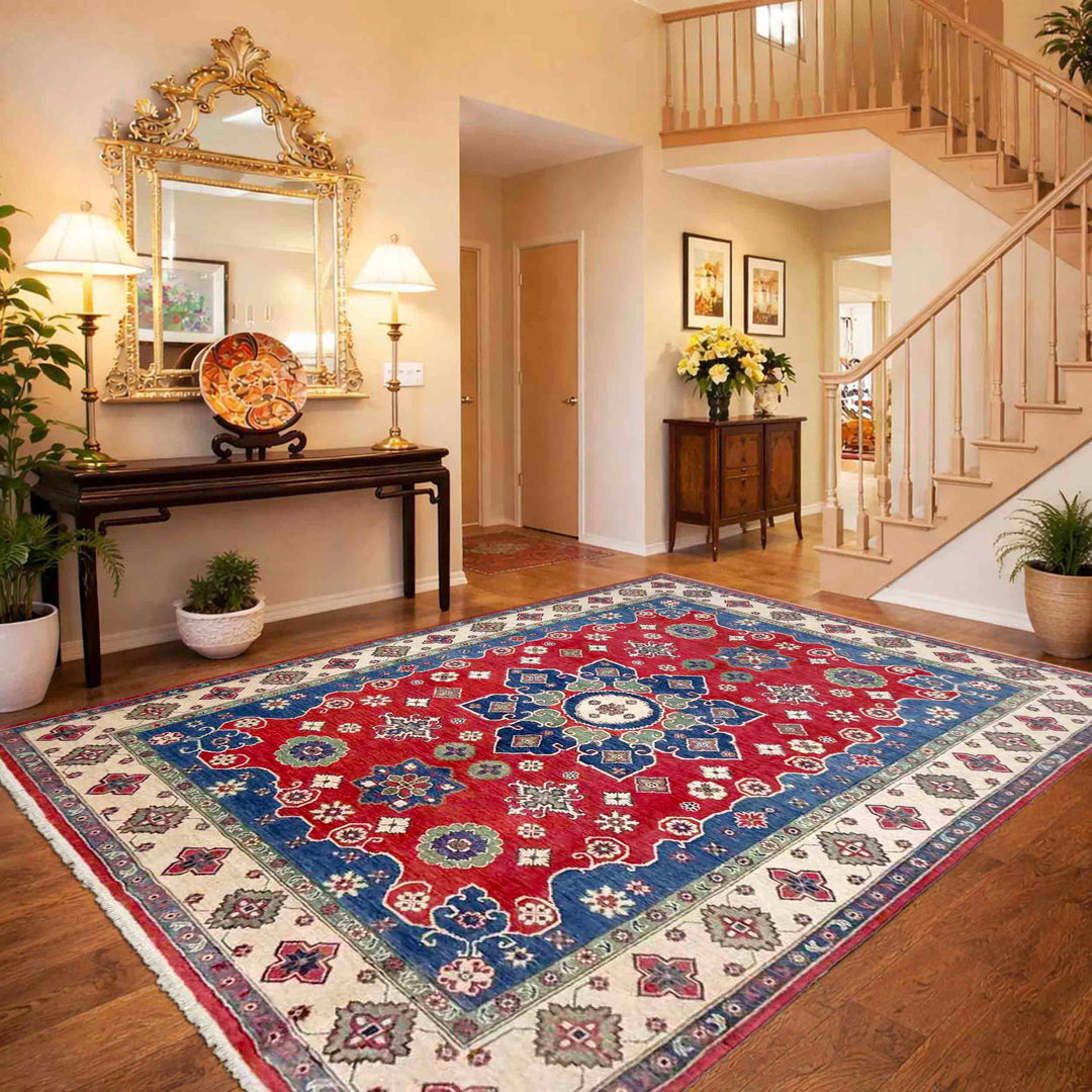 Red Afghan Kazak Rug 6'7" x 10'0" Hand-Knotted | No. AL47579
