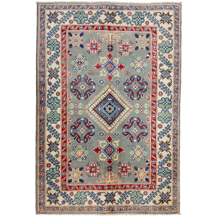 Gray Afghan Kazak Rug 4' 0" x 5' 9" Hand-Knotted | No. AL10128