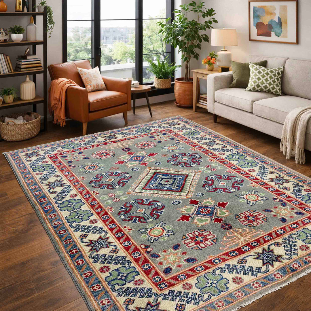 Gray Afghan Kazak Rug 4' 0" x 5' 9" Hand-Knotted | No. AL10128