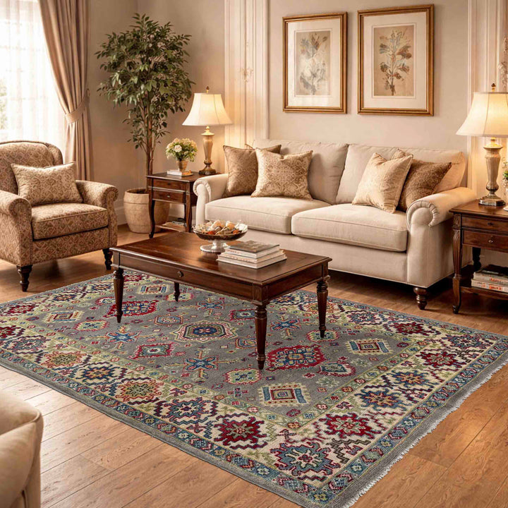 Gray Afghan Kazak Rug 3' 11" x 5' 10" Hand-Knotted | No. AL10957