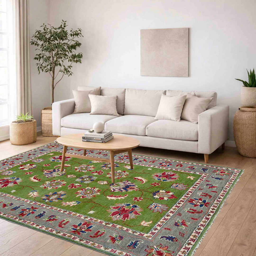 Green Afghan Kazak Rug 4' 0" x 6' 3" Hand-Knotted reverse
