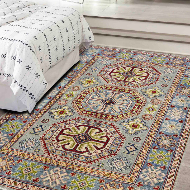 Gray Afghan Kazak Rug 3' 11" x 5' 8" Hand-Knotted | No. AL54345