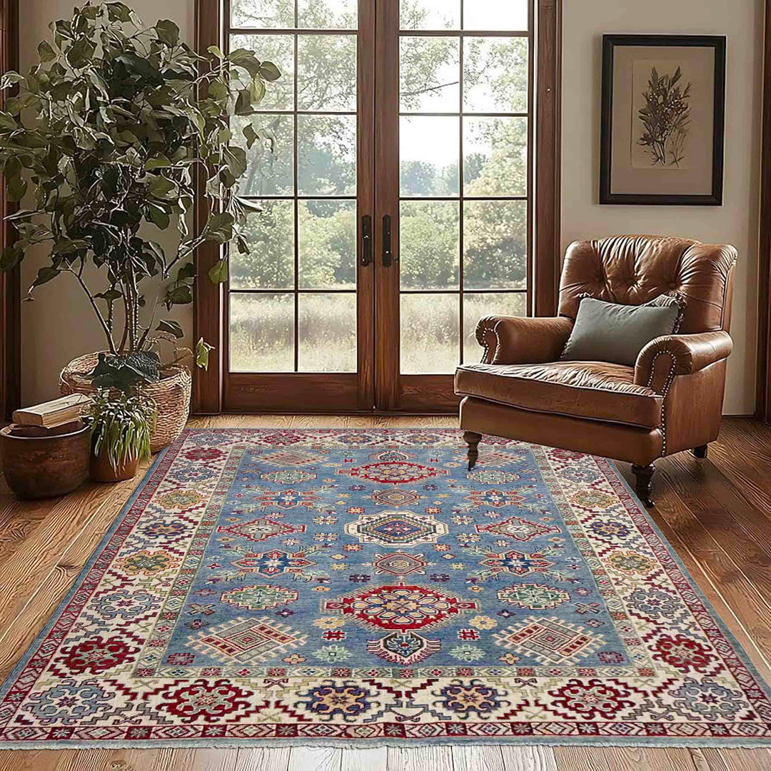 Blue Afghan Kazak Rug 5' 5" x 7' 10" Hand-Knotted field