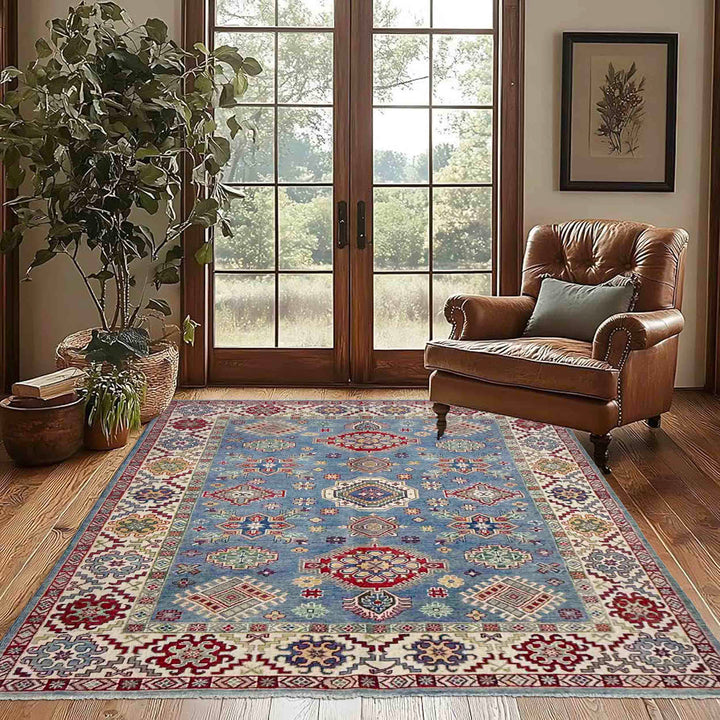 Blue Afghan Kazak Rug 5' 5" x 7' 10" Hand-Knotted field
