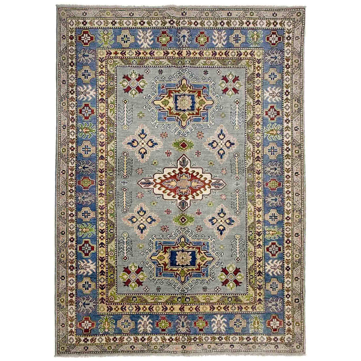Gray Afghan Kazak Rug 5' 5" x 7' 10" Hand-Knotted