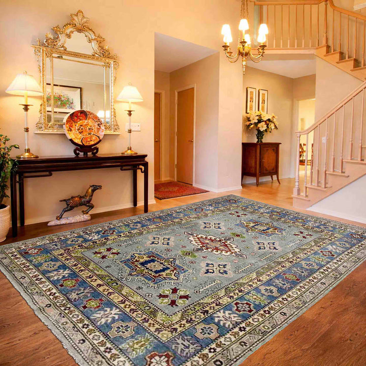 Gray Afghan Kazak Rug 5' 5" x 7' 10" Hand-Knotted field