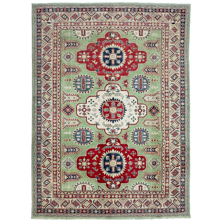 Green Afghan Kazak Rug 5' 8" x 8' 1" Hand-Knotted | No. AL93326