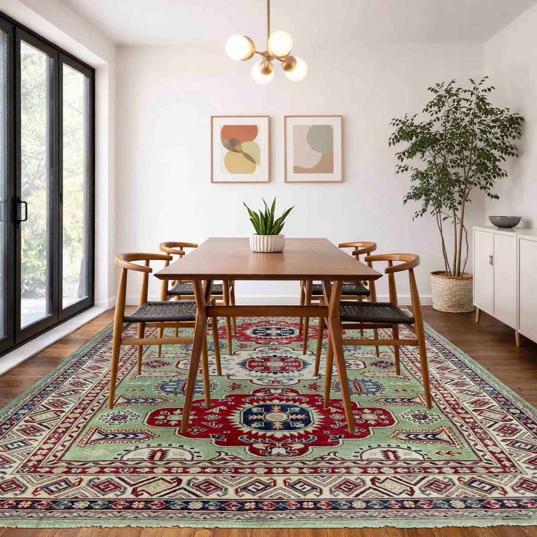 Green Afghan Kazak Rug 5' 8" x 8' 1" Hand-Knotted | No. AL93326