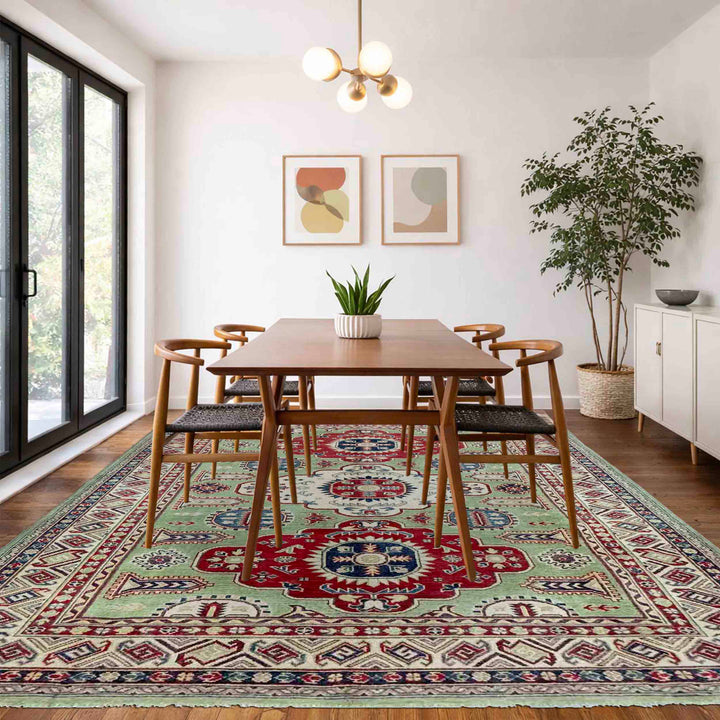 Green Afghan Kazak Rug 5' 8" x 8' 1" Hand-Knotted | No. AL93326