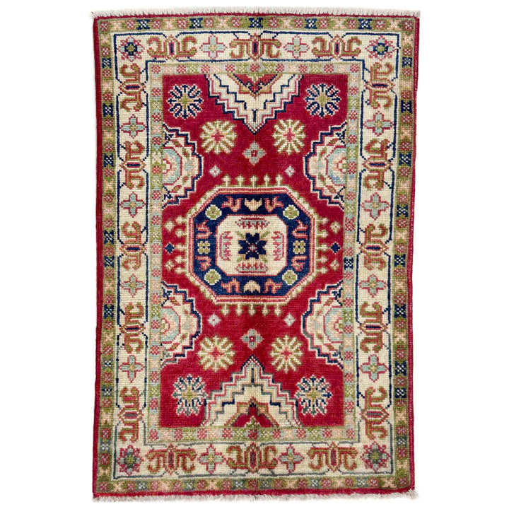 Red Afghan Kazak Rug 2' 0" x 3' 0" Hand-Knotted | No. AL24188