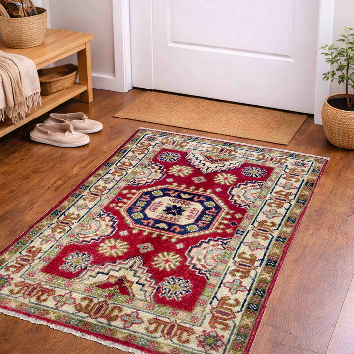 Red Afghan Kazak Rug 2' 0" x 3' 0" Hand-Knotted | No. AL24188