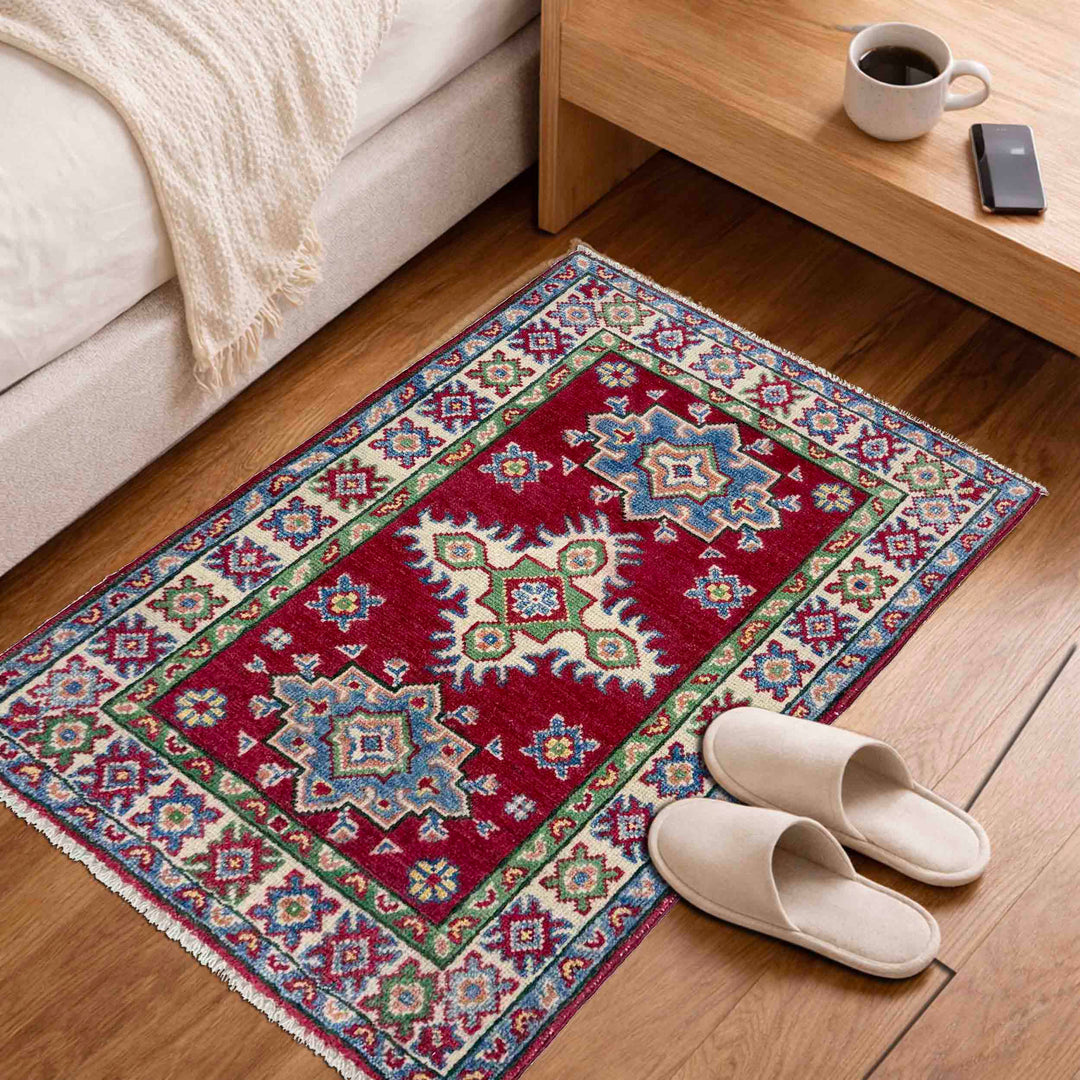 Red Afghan Kazak Rug 1' 11" x 3' 1" Hand-Knotted | No. AL41957