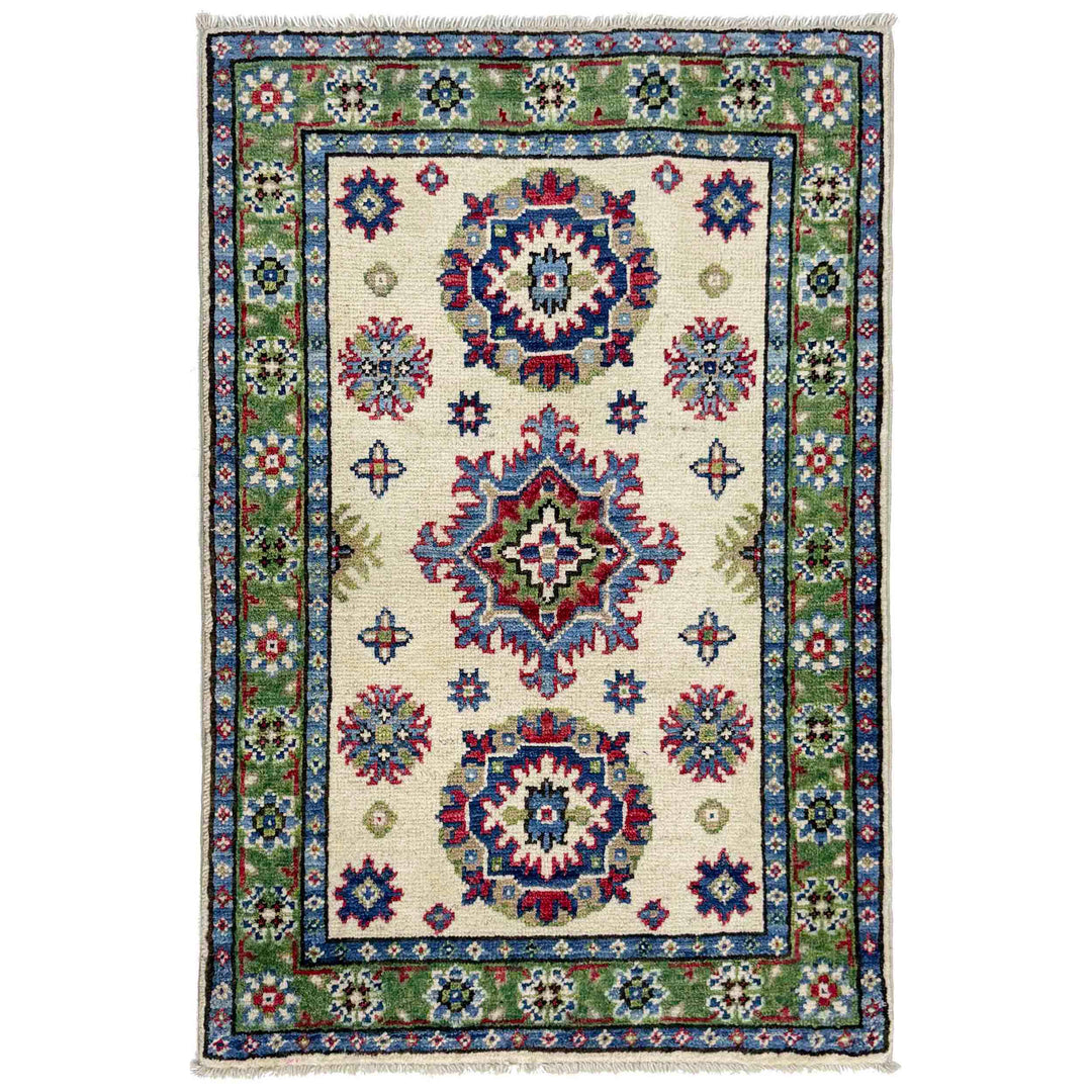 Beige Afghan Kazak Rug 2' 0" x 3' 0" Hand-Knotted