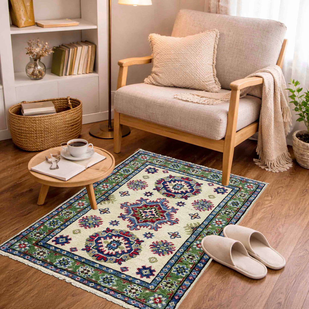 Beige Afghan Kazak Rug 2' 0" x 3' 0" Hand-Knotted view