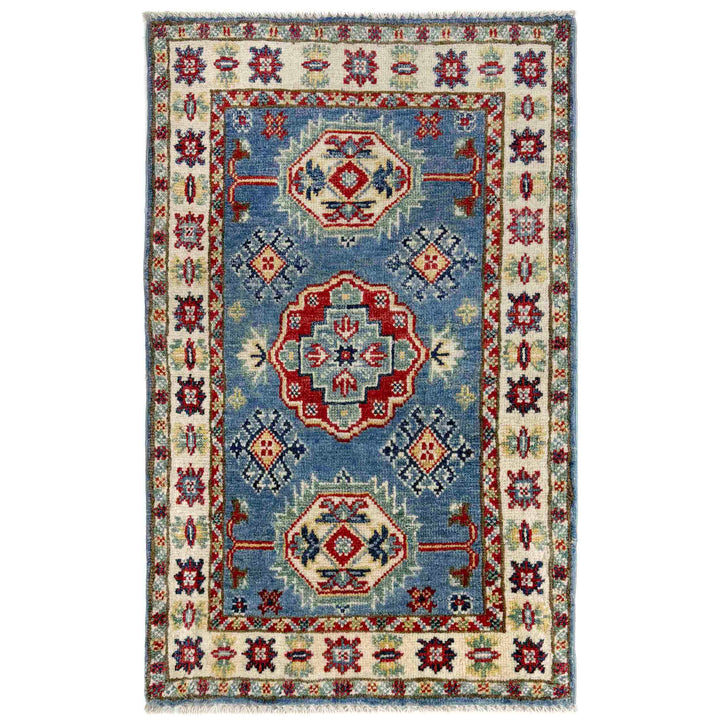 Blue Afghan Kazak Rug 1' 9" x 2' 11" Hand-Knotted
