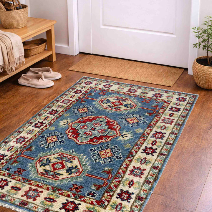 Blue Afghan Kazak Rug 1' 9" x 2' 11" Hand-Knotted | No. AL73779
