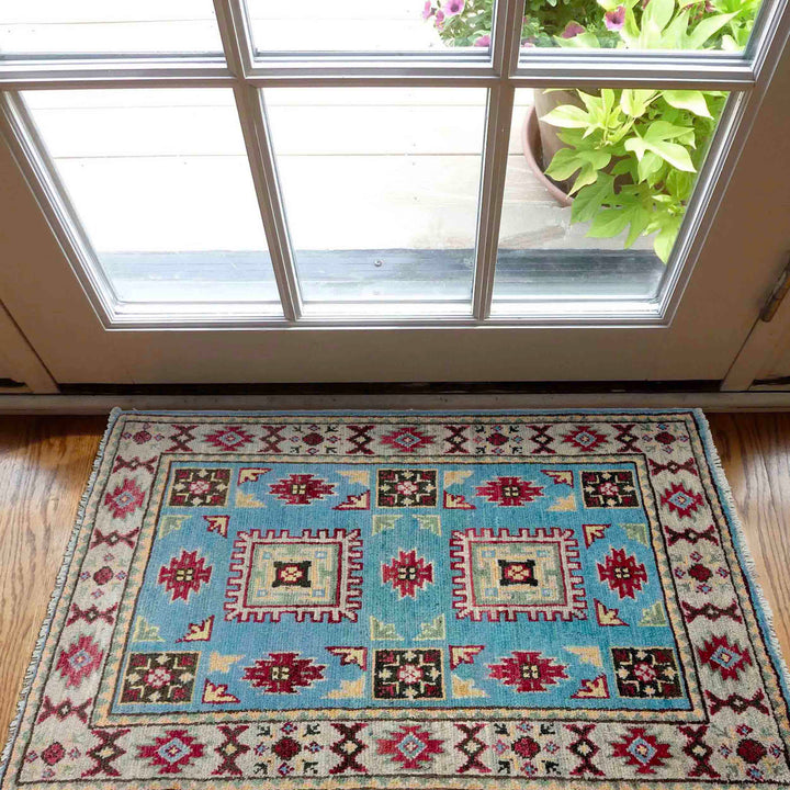 Blue Afghan Kazak Rug 2' 0" x 3' 1" Hand-Knotted | No. AL20163