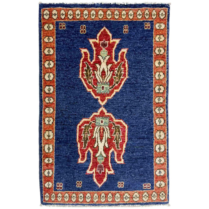 Blue Afghan Kazak Rug 2' 0" x 3' 0" Hand-Knotted | No. AL34555