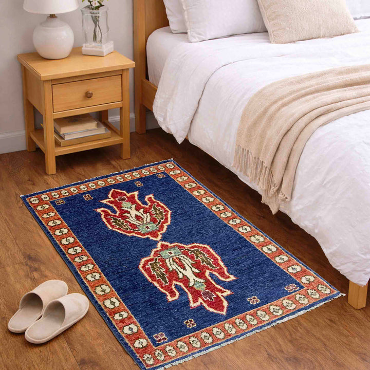 Blue Afghan Kazak Rug 2' 0" x 3' 0" Hand-Knotted | No. AL34555