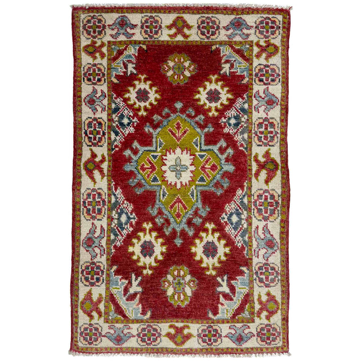 Red Afghan Kazak Rug 2' 0" x 3' 4" Hand-Knotted