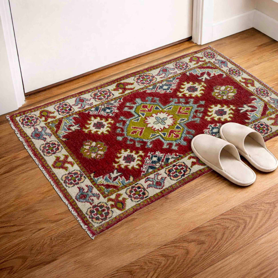 Red Afghan Kazak Rug 2' 0" x 3' 4" Hand-Knotted view