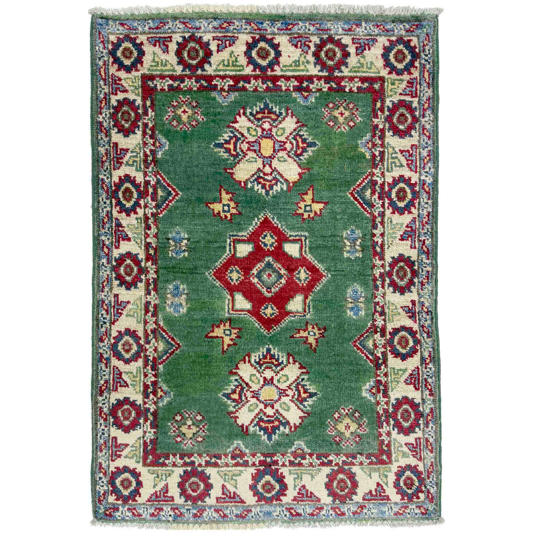 Green Afghan Kazak Rug 2' 0" x 2' 11" Hand-Knotted
