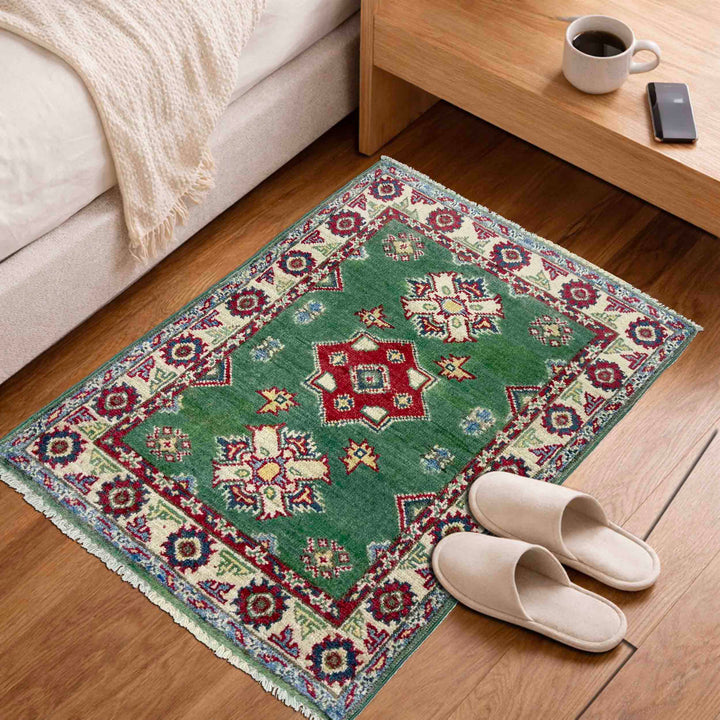 Green Afghan Kazak Rug 2' 0" x 2' 11" Hand-Knotted view