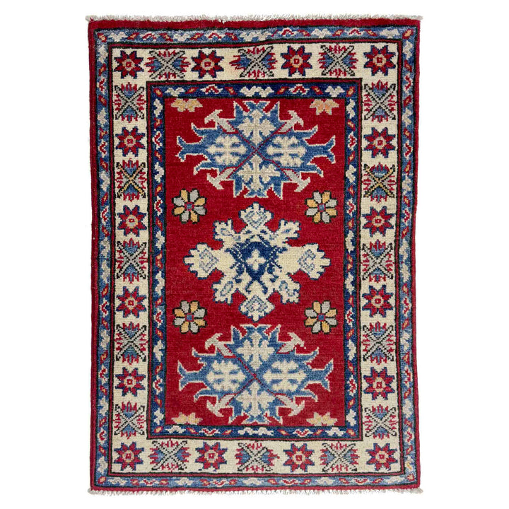 Red Afghan Kazak Rug 1' 11" x 2' 11" Hand-Knotted