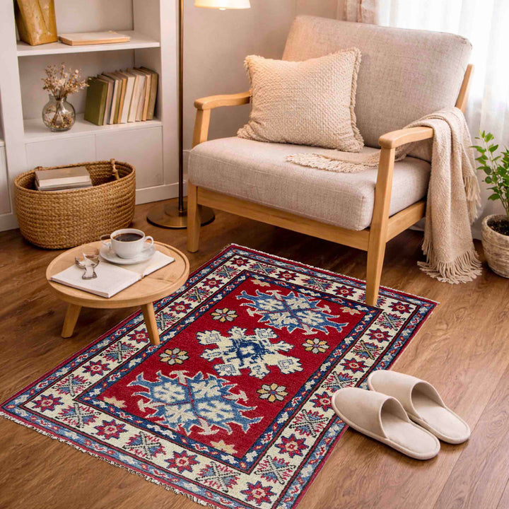 Red Afghan Kazak Rug 1' 11" x 2' 11" Hand-Knotted view
