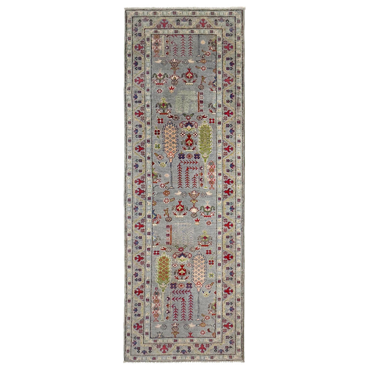 Gray Afghan Kazak Rug 2' 9" x 9' 9" Hand-Knotted