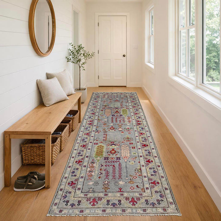 Gray Afghan Kazak Runner Rug 2' 9" x 9' 9" Hand-Knotted reverse