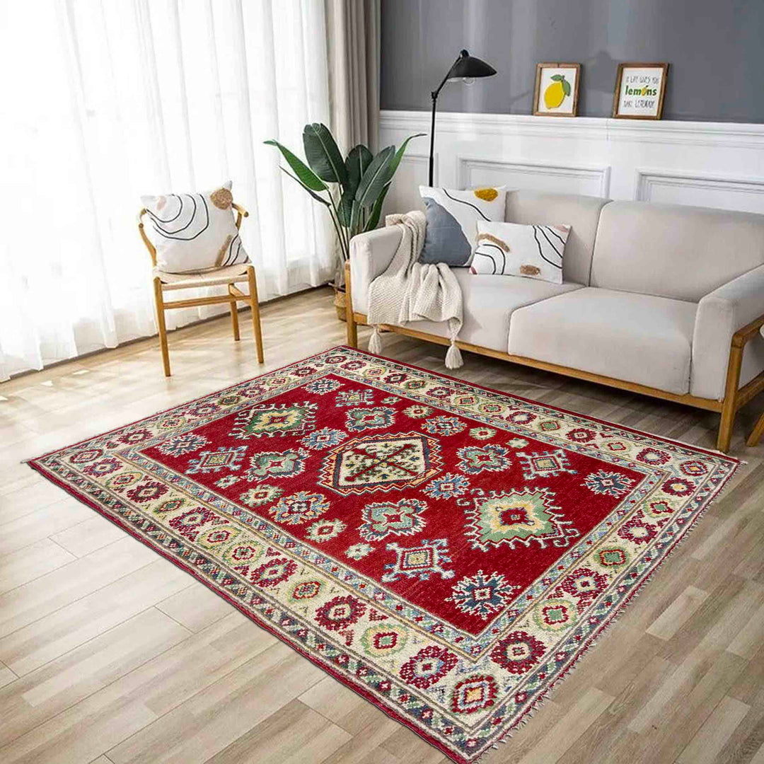 Red Afghan Kazak Rug 2' 7" x 3' 9" Hand-Knotted texture