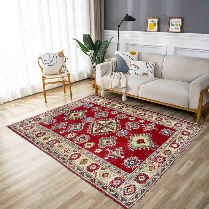 Red Afghan Kazak Rug 2' 7" x 3' 9" Hand-Knotted texture