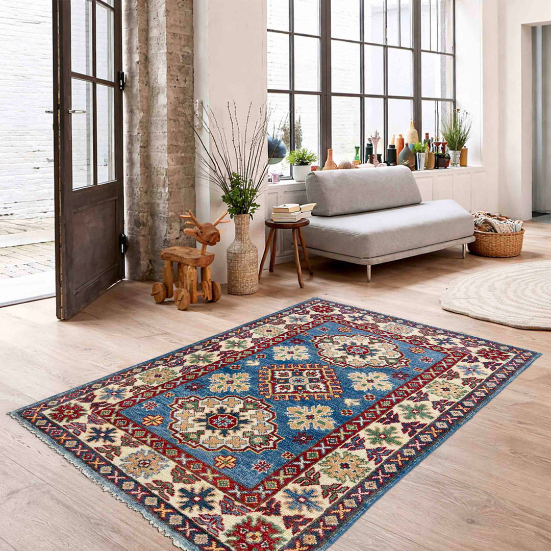 Blue Afghan Kazak Rug 2' 8" x 4' 0" Hand-Knotted texture