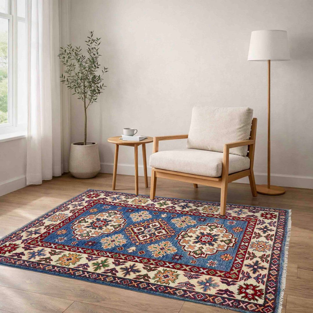 Blue Afghan Kazak Rug 2' 8" x 4' 0" Hand-Knotted | No. AL31326
