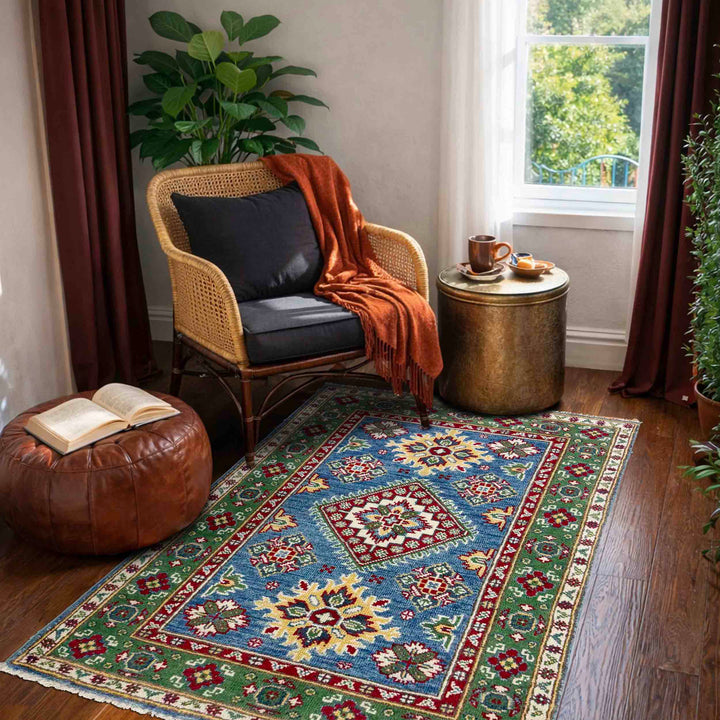 Blue Afghan Kazak Rug 2' 7" x 3' 11" Hand-Knotted | No. AL46724