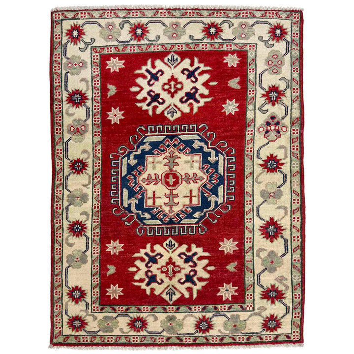 Red Afghan Kazak Rug 2' 8" x 3' 10" Hand-Knotted