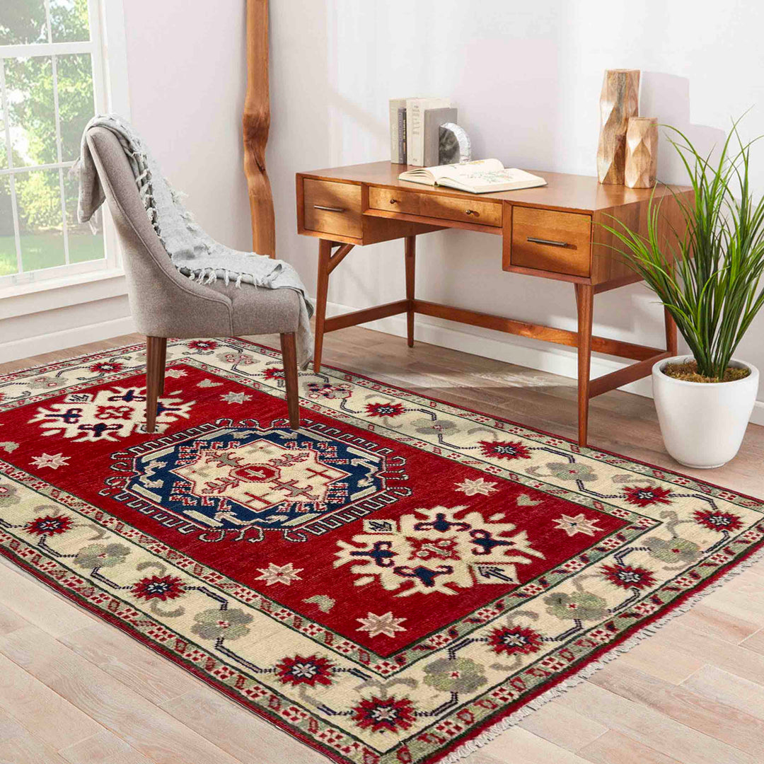 Red Afghan Kazak Rug 2' 8" x 3' 10" Hand-Knotted texture