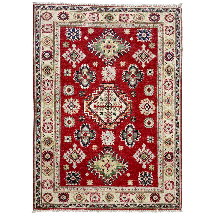 Red Afghan Kazak Rug 2' 9" x 3' 11" Hand-Knotted | No. AL24441